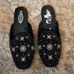 Embellished Black Slip-On Mules
